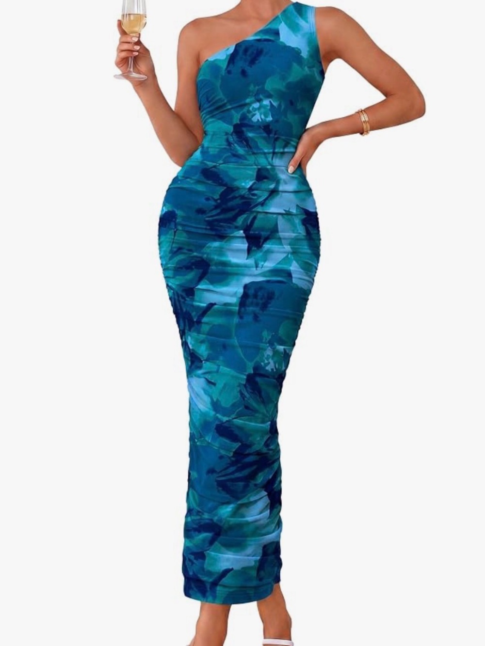 One-Shoulder Teal Floral Bodycon Maxi Dress